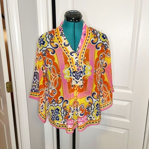 Carmen Marc Valvo Sheer See Thru Lightweight Kimono Paisley Boho Colorful Blouse - Picture 1 of 11
